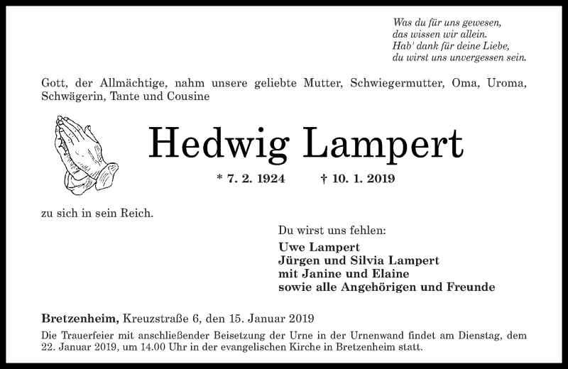  Traueranzeige für Hedwig Lampert vom 15.01.2019 aus Oeffentlicher Anzeiger