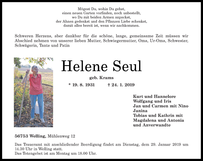  Traueranzeige für Helene Seul vom 26.01.2019 aus Rhein-Zeitung