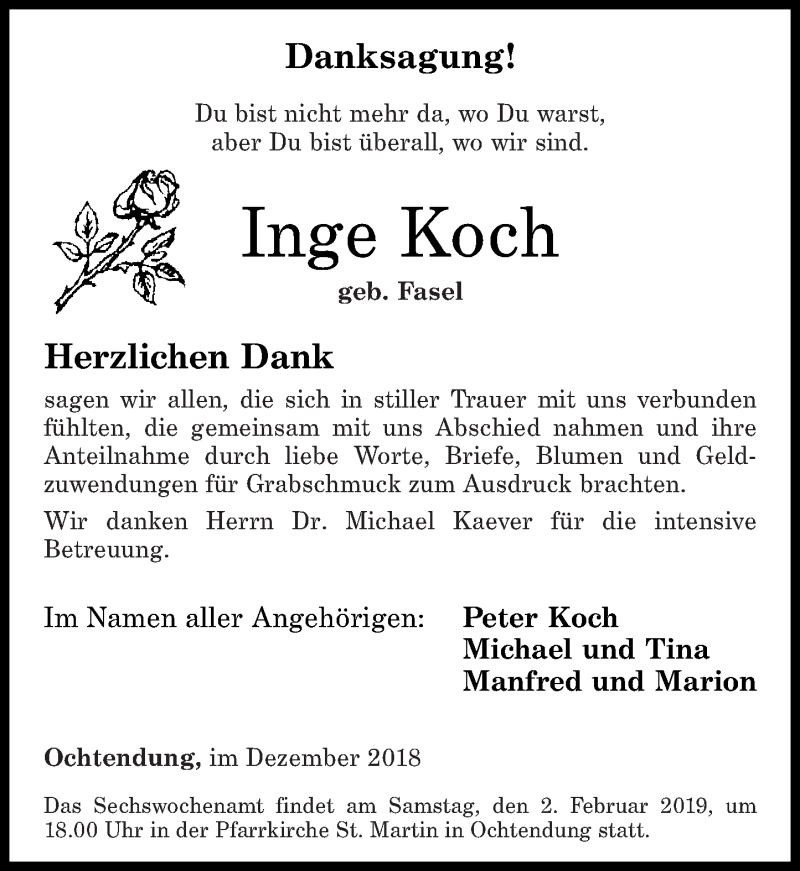  Traueranzeige für Inge Koch vom 26.01.2019 aus Rhein-Zeitung
