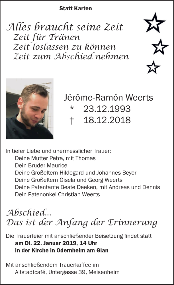  Traueranzeige für Jerome-Ramon Weerts vom 17.01.2019 aus Oeffentlicher Anzeiger