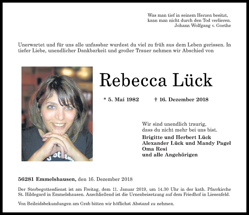  Traueranzeige für Rebecca Lück vom 05.01.2019 aus Rhein-Zeitung