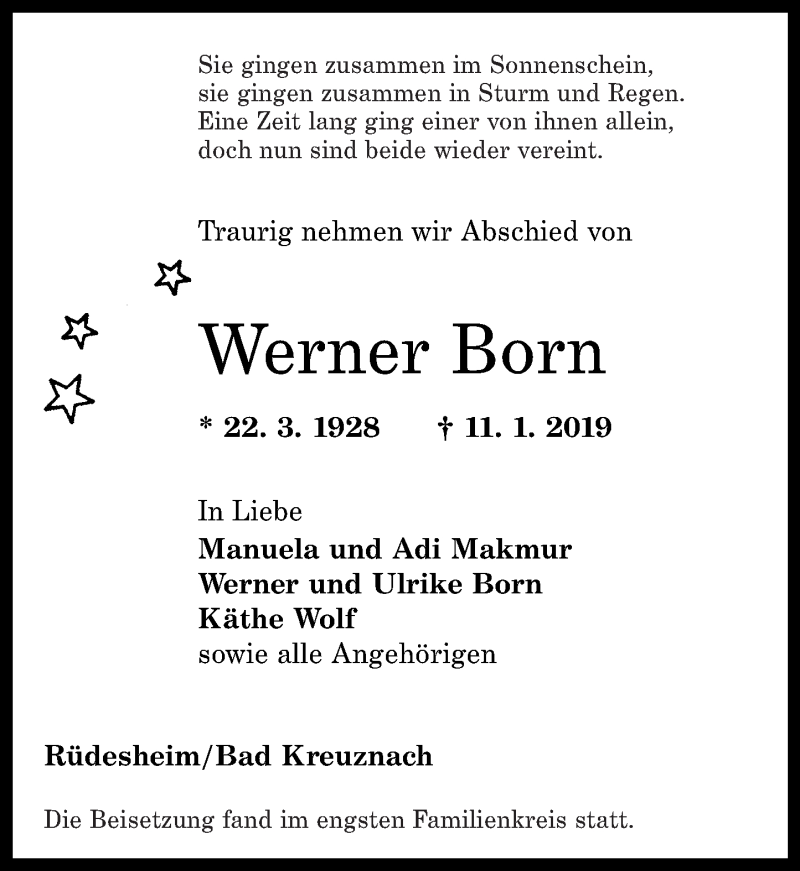  Traueranzeige für Werner Born vom 26.01.2019 aus Oeffentlicher Anzeiger