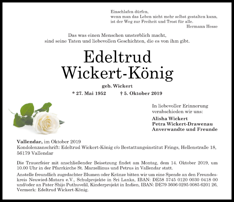  Traueranzeige für Edeltrud Wickert-König vom 09.10.2019 aus Rhein-Zeitung