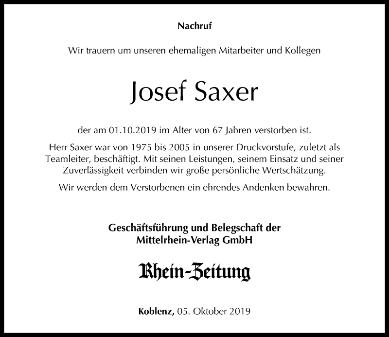  Traueranzeige für Josef Saxer vom 05.10.2019 aus Rhein-Zeitung