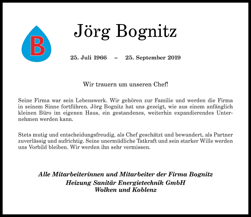  Traueranzeige für Jörg Bognitz vom 05.10.2019 aus Rhein-Zeitung