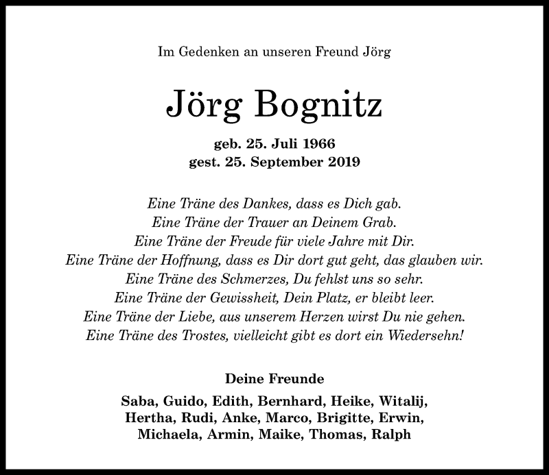  Traueranzeige für Jörg Bognitz vom 05.10.2019 aus Rhein-Zeitung