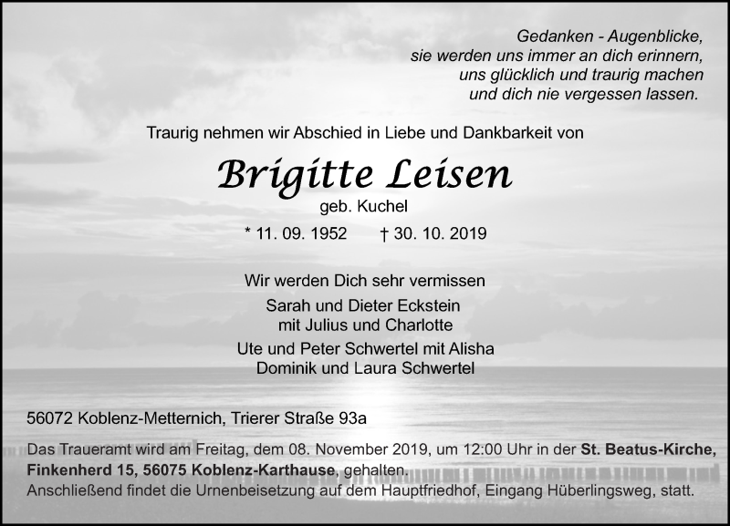 Traueranzeige für Brigitte Leisen vom 04.11.2019 aus Rhein-Zeitung