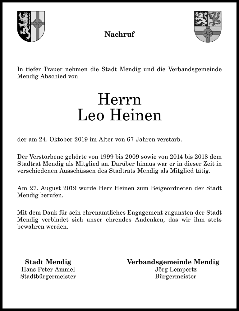  Traueranzeige für Leo Heinen vom 02.11.2019 aus Rhein-Zeitung