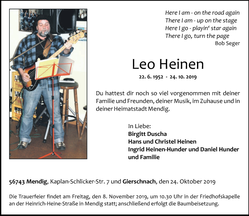  Traueranzeige für Leo Heinen vom 02.11.2019 aus Rhein-Zeitung
