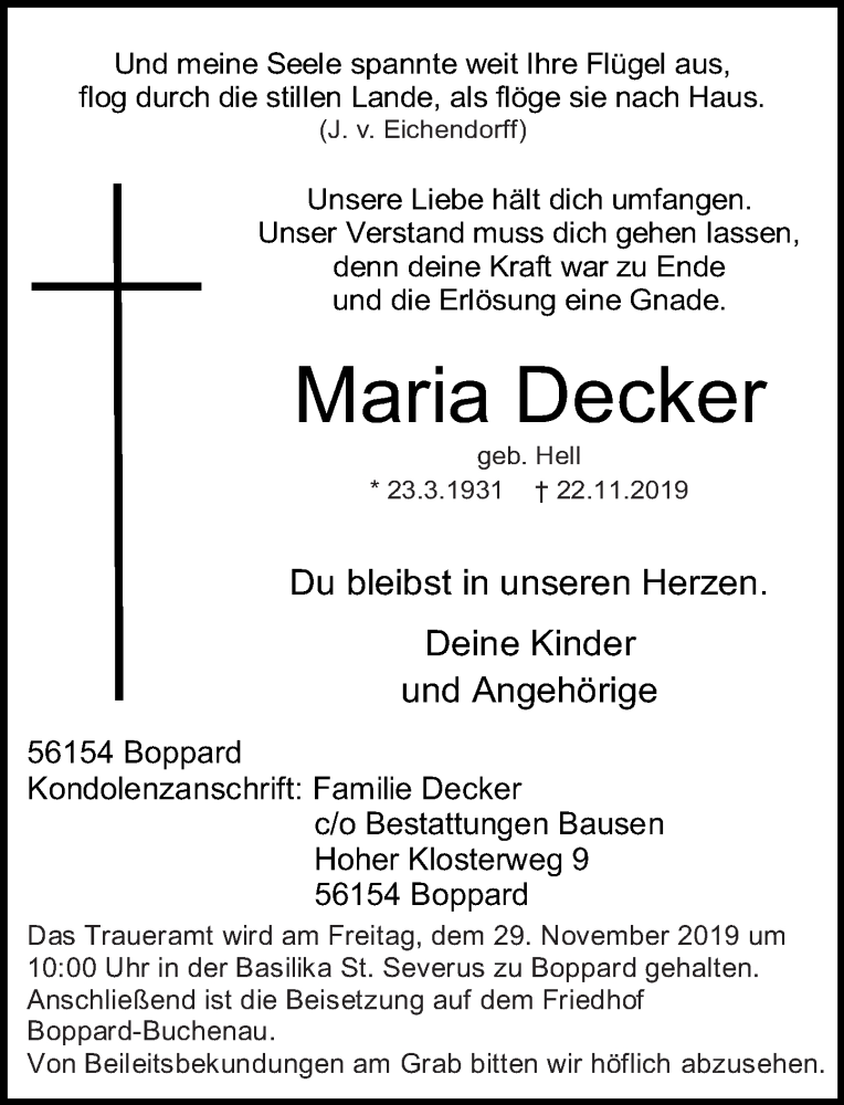  Traueranzeige für Maria Decker vom 25.11.2019 aus Rhein-Hunsrück-Zeitung