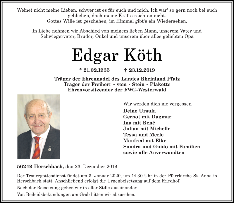  Traueranzeige für Edgar Köth vom 28.12.2019 aus Westerwälder Zeitung