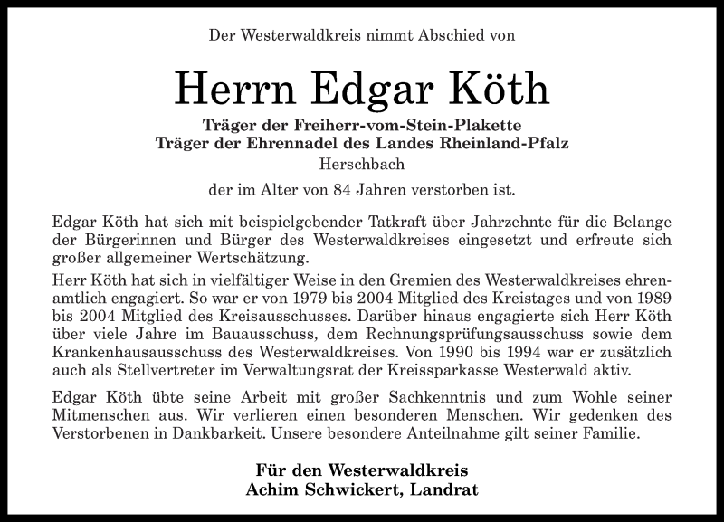  Traueranzeige für Edgar Köth vom 30.12.2019 aus Westerwälder Zeitung