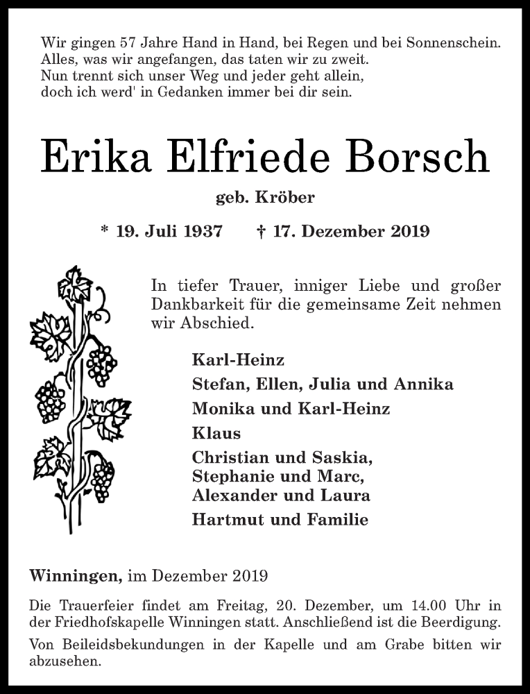  Traueranzeige für Erika Elfriede Borsch vom 19.12.2019 aus Rhein-Zeitung
