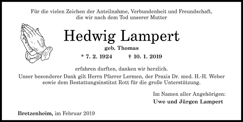  Traueranzeige für Hedwig Lampert vom 16.02.2019 aus Oeffentlicher Anzeiger
