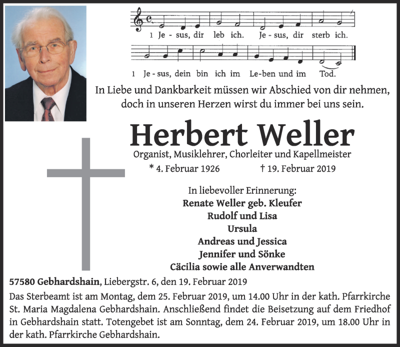  Traueranzeige für Herbert Weller vom 22.02.2019 aus Westerwälder Zeitung