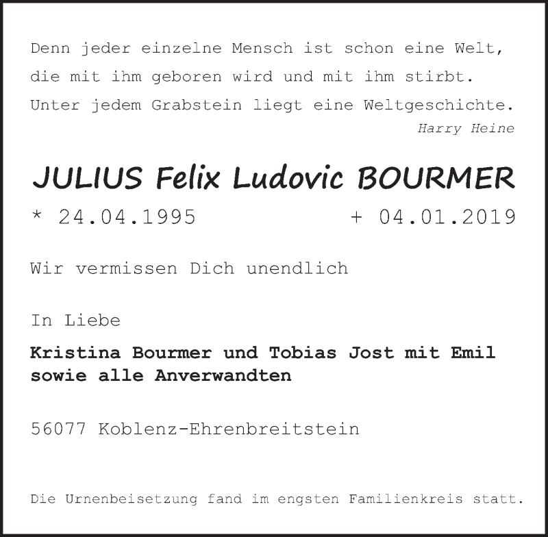  Traueranzeige für Julius Felix Ludovic Bourmer vom 02.02.2019 aus Rhein-Zeitung