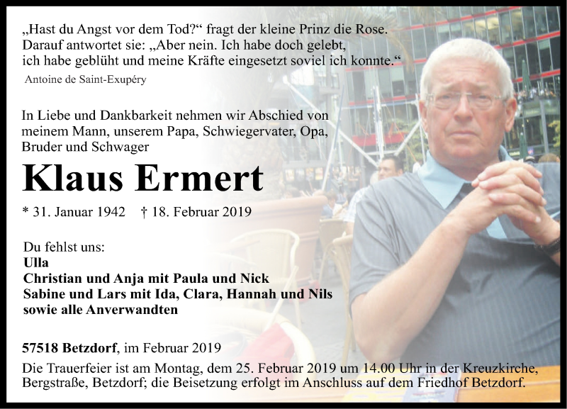  Traueranzeige für Klaus Ermert vom 21.02.2019 aus Rhein-Zeitung