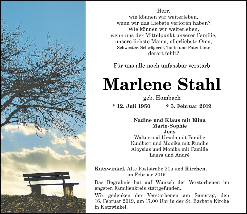  Traueranzeige für Marlene Stahl vom 15.02.2019 aus Rhein-Zeitung