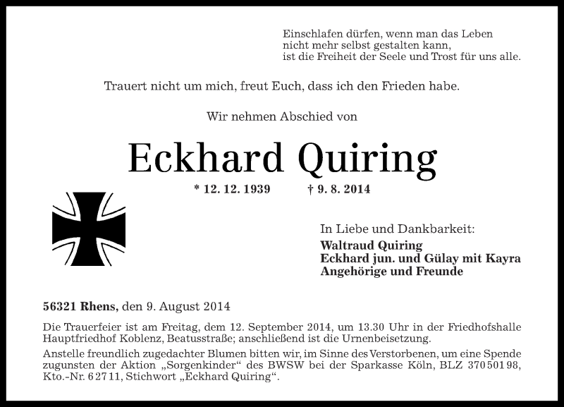  Traueranzeige für Eckhard Quiring vom 06.09.2014 aus Rhein-Zeitung