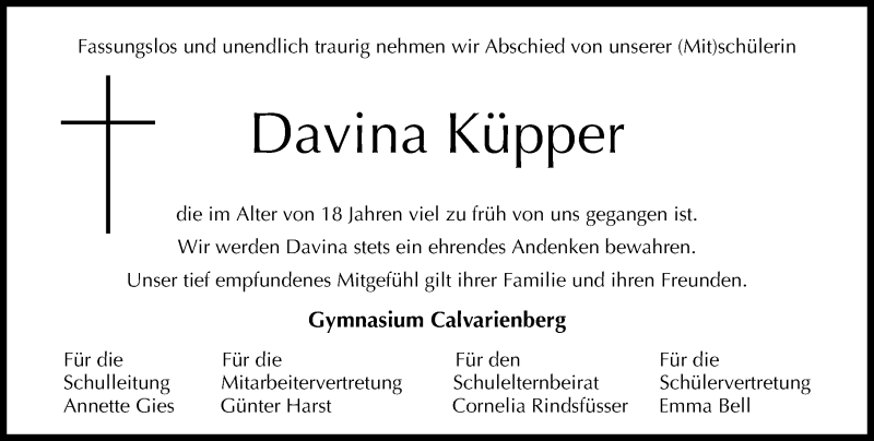  Traueranzeige für Davina Küpper vom 19.03.2019 aus Rhein-Zeitung