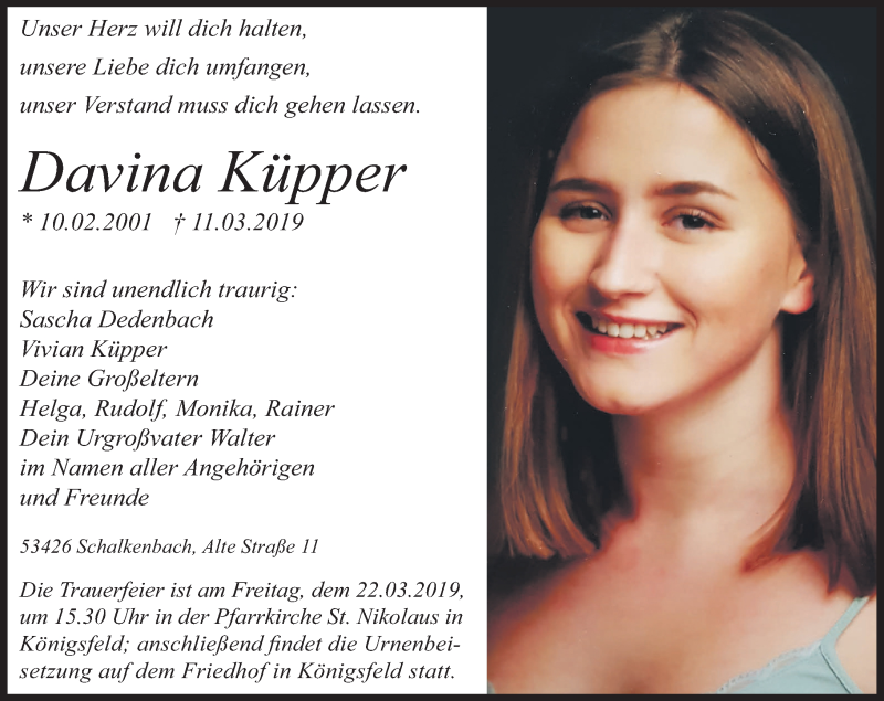  Traueranzeige für Davina Küpper vom 18.03.2019 aus Rhein-Zeitung