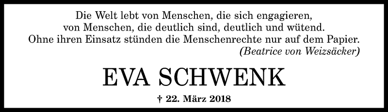  Traueranzeige für Eva Schwenk vom 22.03.2019 aus Oeffentlicher Anzeiger