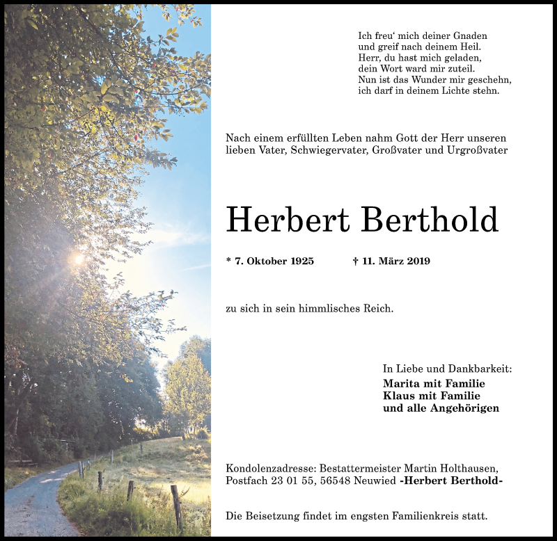  Traueranzeige für Herbert Berthold vom 16.03.2019 aus Rhein-Zeitung