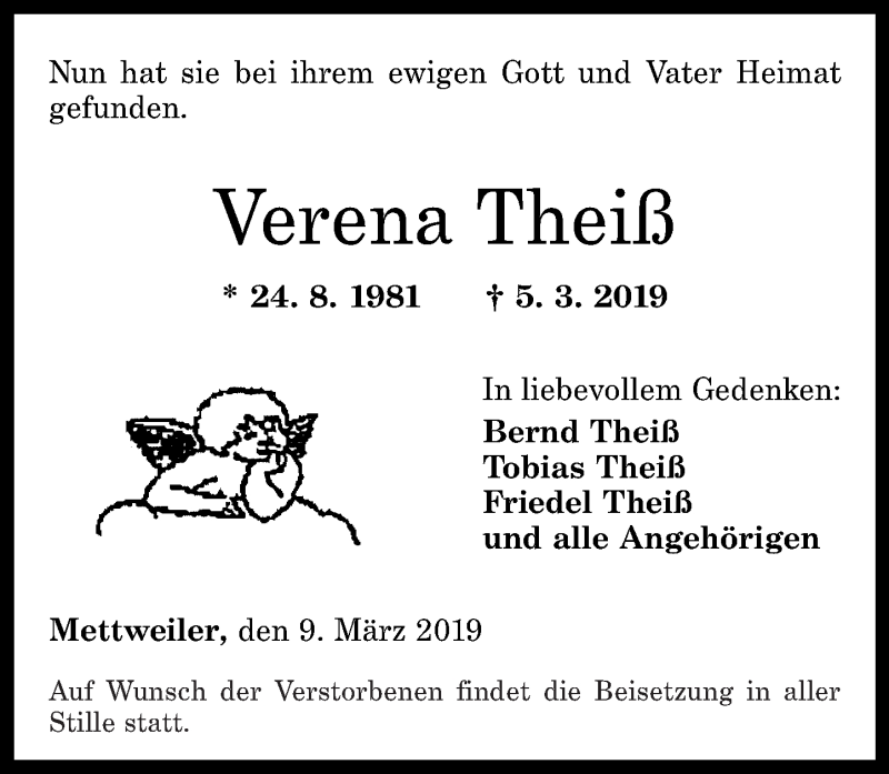  Traueranzeige für Verena Theiß vom 09.03.2019 aus Nahe-Zeitung