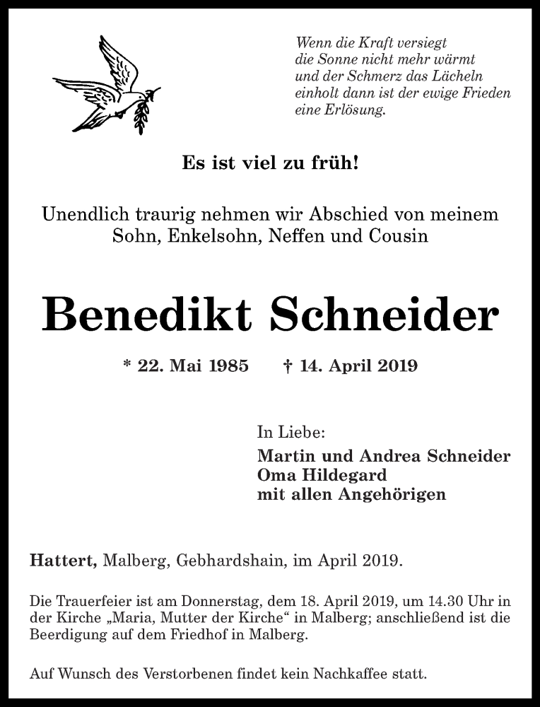  Traueranzeige für Benedikt Schneider vom 17.04.2019 aus Rhein-Zeitung