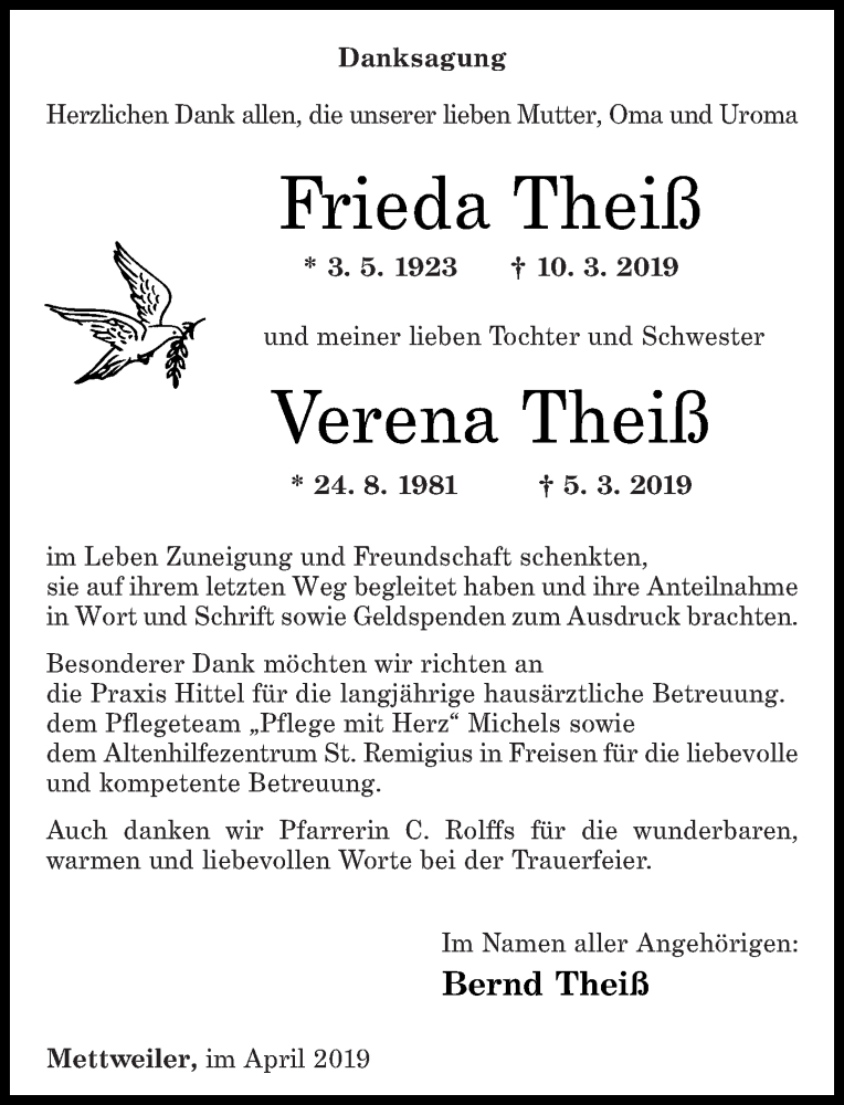  Traueranzeige für Verena Theiß vom 20.04.2019 aus Nahe-Zeitung