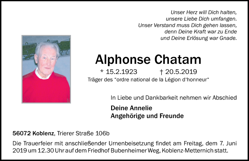  Traueranzeige für Alphonse Chatam vom 25.05.2019 aus Rhein-Zeitung