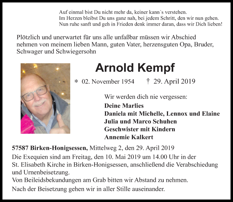  Traueranzeige für Arnold Kempf vom 08.05.2019 aus Rhein-Zeitung