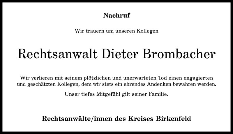  Traueranzeige für Dieter Brombacher vom 16.05.2019 aus Nahe-Zeitung