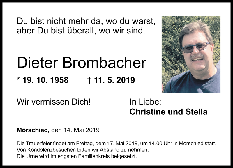  Traueranzeige für Dieter Brombacher vom 14.05.2019 aus Nahe-Zeitung