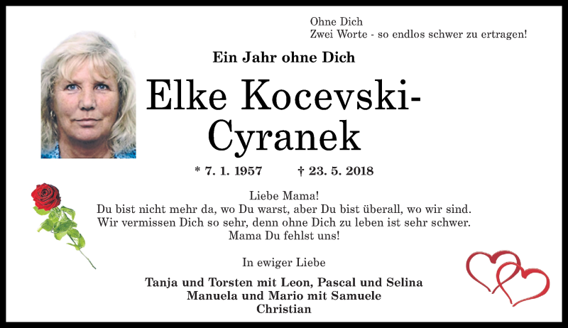 Traueranzeige für Elke Kocevski-Cyranek vom 23.05.2019 aus Rhein-Zeitung