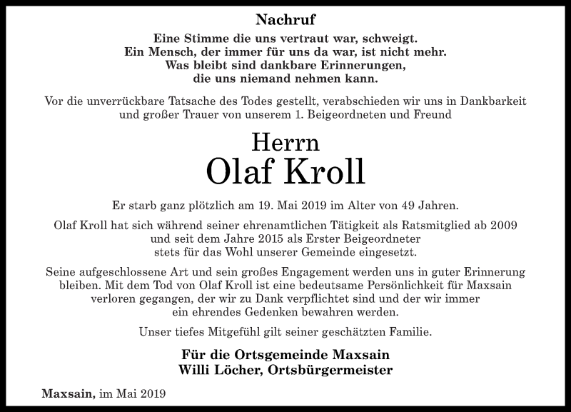  Traueranzeige für Olaf Kroll vom 25.05.2019 aus Westerwälder Zeitung