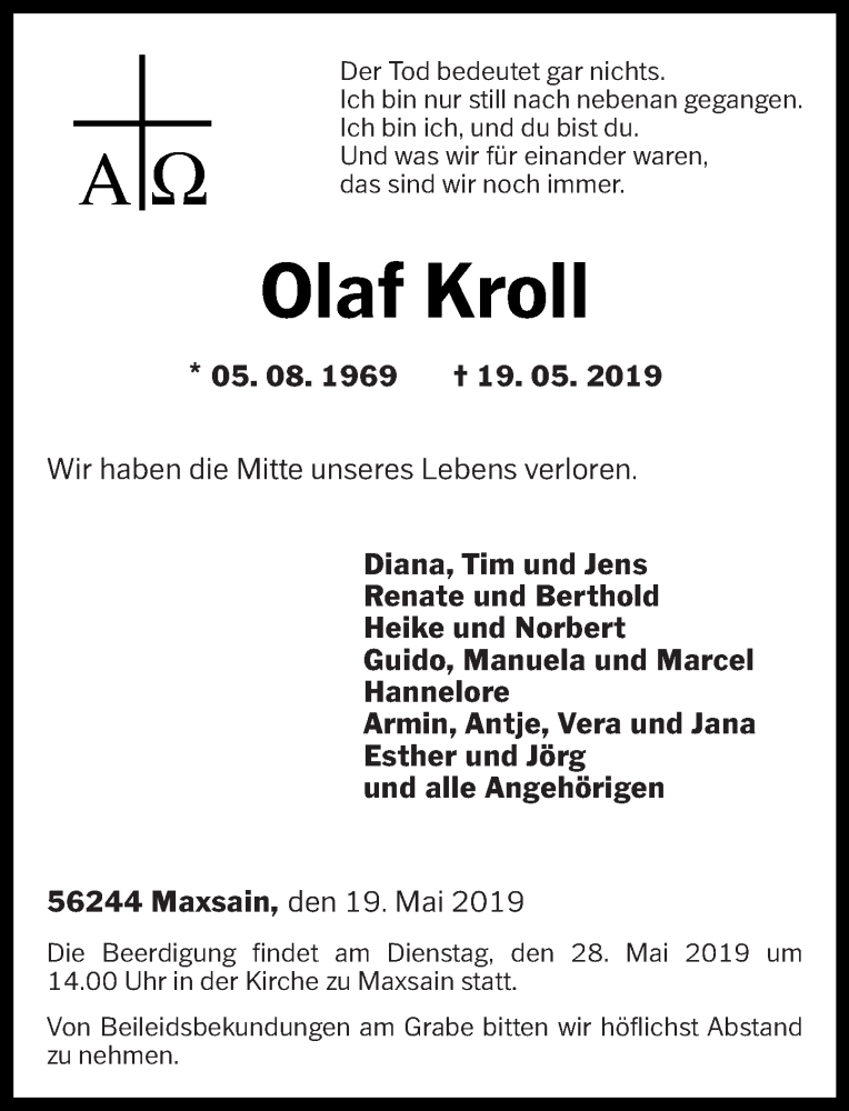  Traueranzeige für Olaf Kroll vom 25.05.2019 aus Westerwälder Zeitung