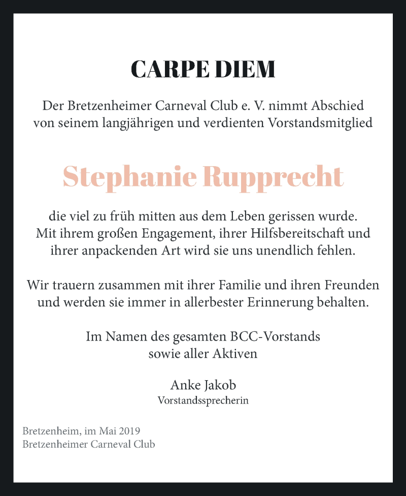  Traueranzeige für Stephanie Rupprecht vom 11.05.2019 aus Oeffentlicher Anzeiger