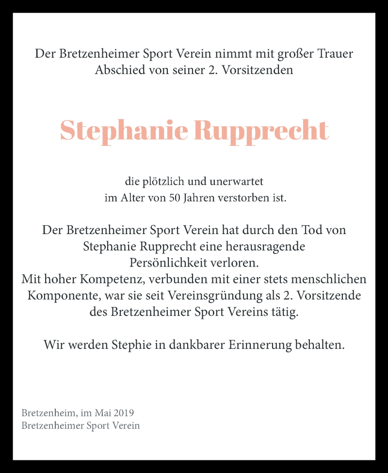 Traueranzeige für Stephanie Rupprecht vom 11.05.2019 aus Oeffentlicher Anzeiger