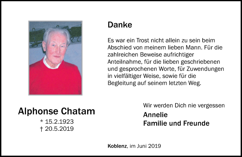  Traueranzeige für Alphonse Chatam vom 15.06.2019 aus Rhein-Zeitung