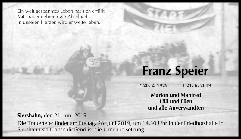  Traueranzeige für Franz Speier vom 25.06.2019 aus Westerwälder Zeitung
