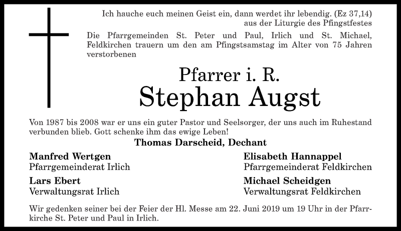  Traueranzeige für Stephan Augst vom 14.06.2019 aus Rhein-Zeitung