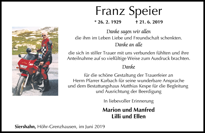  Traueranzeige für Franz Speier vom 20.07.2019 aus Westerwälder Zeitung