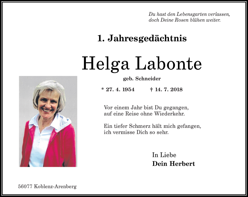  Traueranzeige für Helga Labonte vom 13.07.2019 aus Rhein-Zeitung