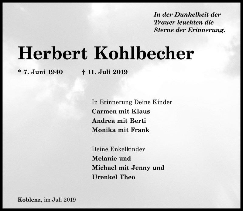  Traueranzeige für Herbert Kohlbecher vom 24.07.2019 aus Rhein-Zeitung