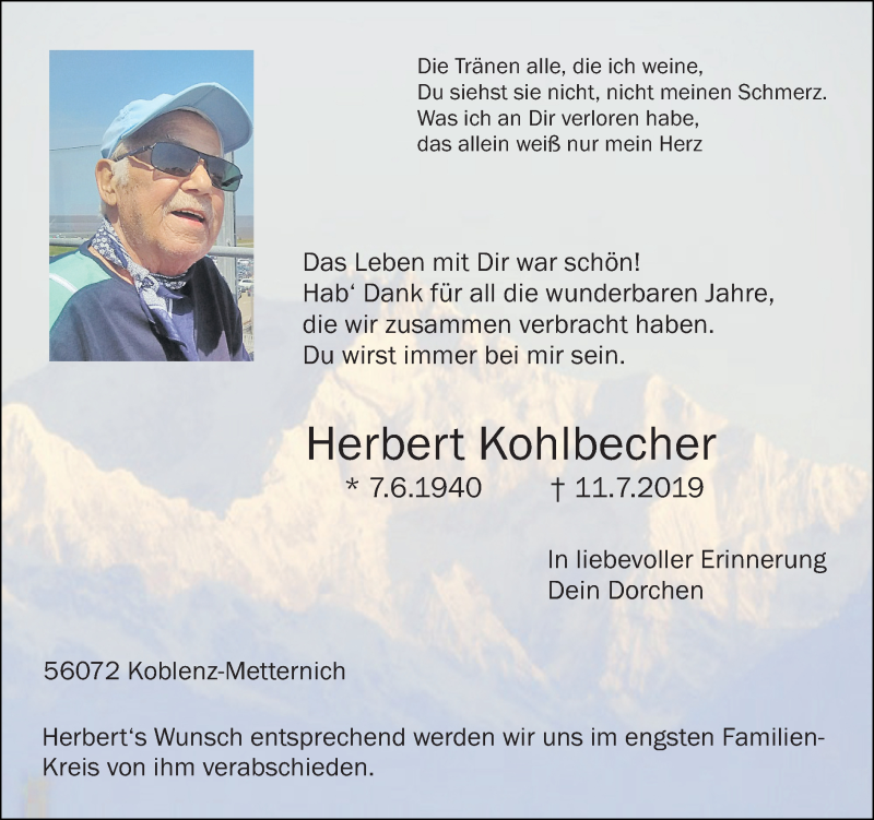  Traueranzeige für Herbert Kohlbecher vom 20.07.2019 aus Rhein-Zeitung
