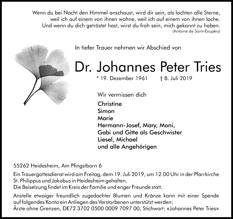  Traueranzeige für Johannes Peter Tries vom 17.07.2019 aus Rhein-Zeitung