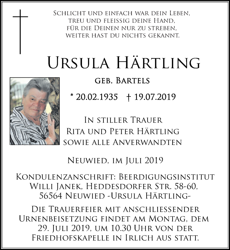  Traueranzeige für Ursula Härtling vom 24.07.2019 aus Rhein-Zeitung