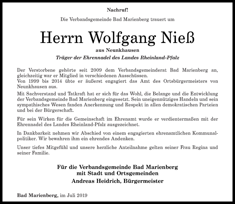  Traueranzeige für Wolfgang Nieß vom 12.07.2019 aus Westerwälder Zeitung