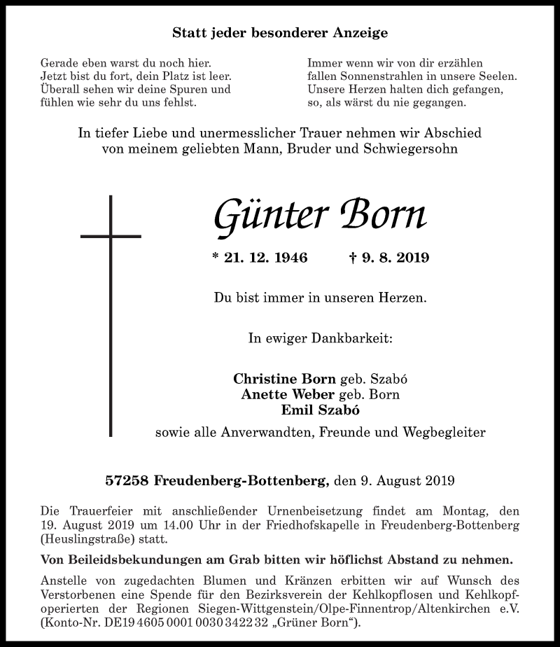  Traueranzeige für Günter Born vom 14.08.2019 aus Rhein-Zeitung